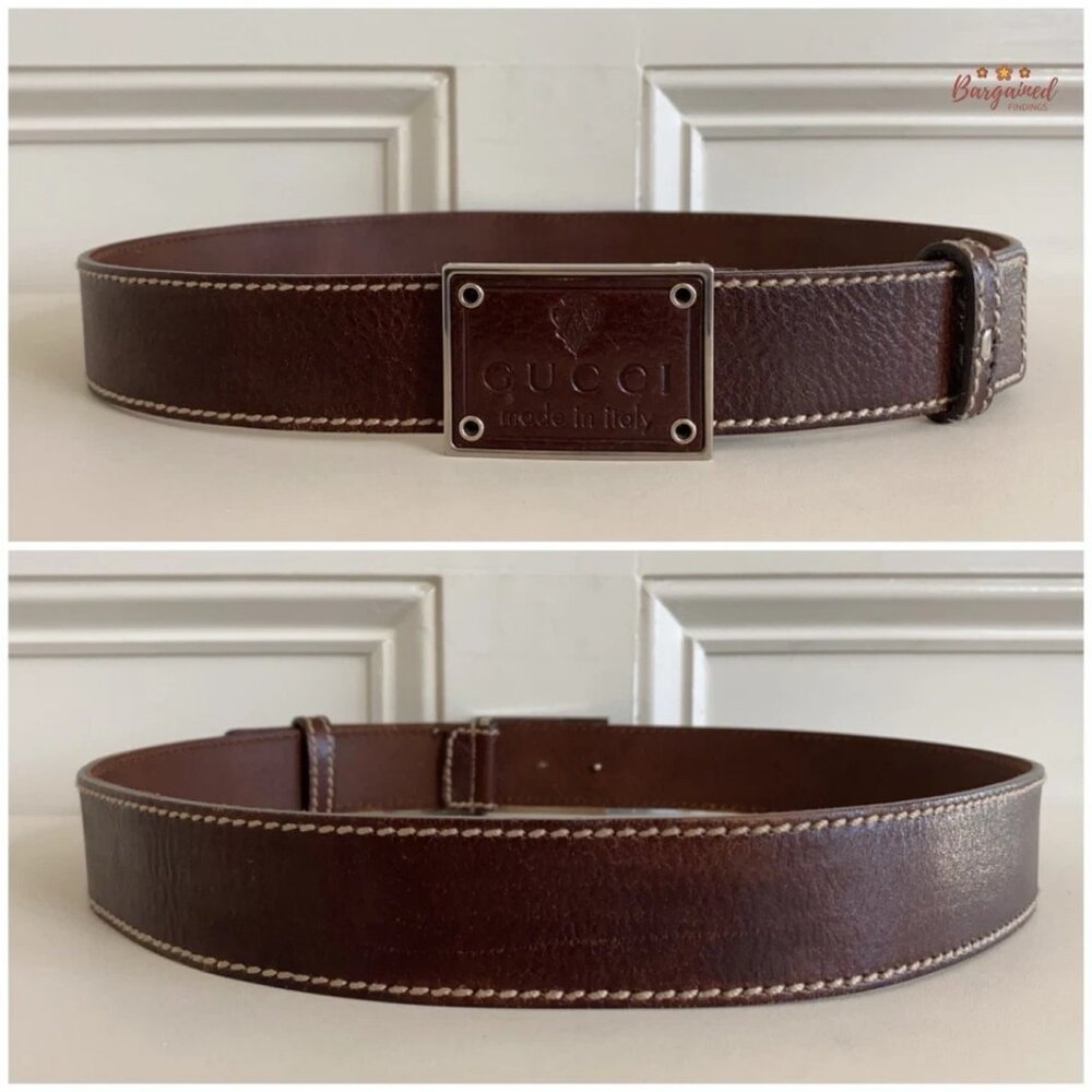 Authentic Gucci Brown Leather Crest Logo Plaque Men's Buckle Belt Size 90/36 - Picture 5 of 13